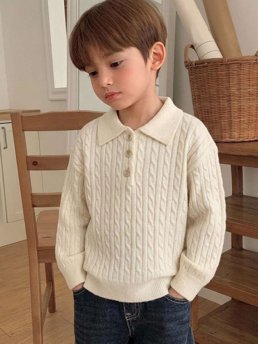 Dazy Kids 小男孩麻花編織鈕扣半開襟長袖毛衣 - 米色 - 查看 1
