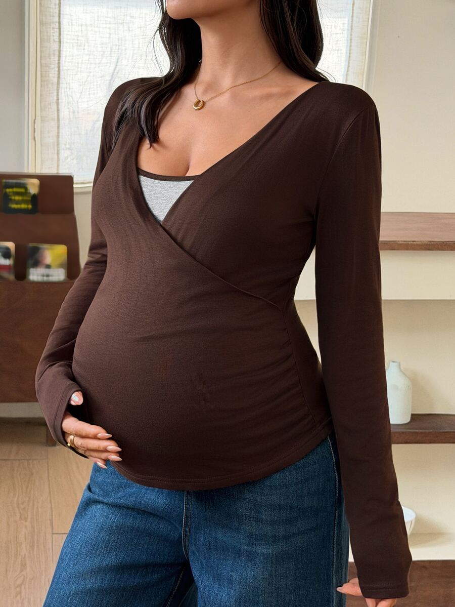 DAZY Patchwork Contrast Color Asymmetric Collar Long Sleeve Casual Vacation Korean Style Daily Spring Autumn Top Maternity T-Shirt - Brown - View 1