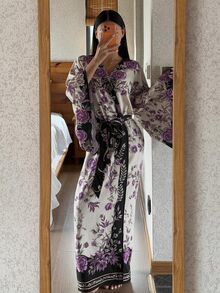 DAZY 花卉圖案寬鬆繫腰長版開襟睡袍，女款睡衣外穿家居服 - 紫色 - 查看 5