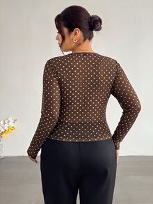 Firerie Plus Size Women's Polka Dot Print Cowl Neck Long Sleeve Fashion T-Shirt - Brown - View 7