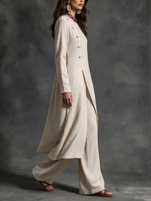 GlowEve CURVE Women's Elegant Round Neck Chinese Frog Button Flared Split Long Sleeve 2 Pieces Set Autumn/Winter Wedding Guest Party Formal Dress Grey - Light Grey - View 5