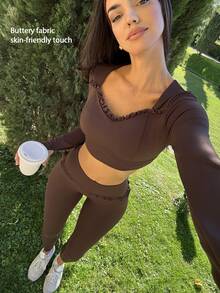 Fluxe Quần legging thể thao nữ màu trơn mặc thường ngày phong cách casual - Cà phê nâu - Xem 1