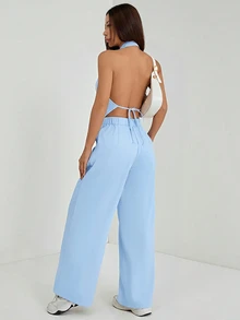 SHEIN PETITE 春夏女款V領無袖露背上衣搭配寬腿褲套裝，修身顯高，優雅輕米色，適合通勤、外出與度假 - 淺藍色 - 查看 2