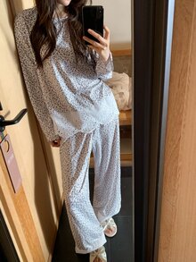 DAZY 2pcs/Set Women's Sweet Ditsy Floral Lace Patchwork Loose Long Sleeve T-Shirt & Straight Leg Long Pajama Pants Sleepwear Set - Apricot - View 7