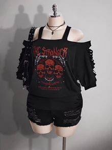 SHEIN ICON 女款大尺碼黑色夏季 Grunge 風演唱會日常 Y2K 哥德龐克骷髏圖案鏤空破洞 2 合 1 T-shirt 音樂節穿搭 - 彩色 - 查看 8