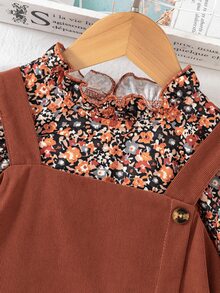 SHEIN Young Girl Fall Winter Outfits 2pcs Floral Mock Neck Ruffle Blouse And Button Side Corduroy Overal - Brown - View 4