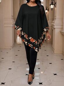 SHEIN CURVE+ Women's Plus Size Geometric Print Round Neck Casual Versatile Everyday Shirt Fall, Winter 2026 22W - Black - View 5