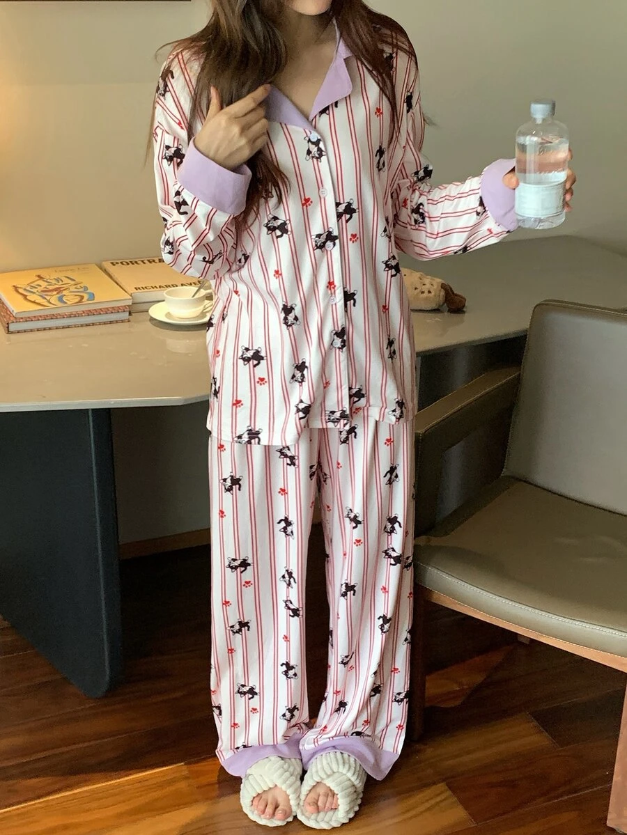 DAZY Women's 2-Piece Pajama Set With Cat Striped Contrast Color Lapel Loose Cardigan Long Sleeve Top And Straight Leg Long Pants - White - View 1