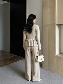 Yumoku Women's Contrast Trim Ruffle Patchwork Top And Long Pants Sweet 2 Pieces Set - Apricot - View 2