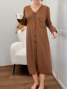 Napfluff Women's Solid Color V-Neck Casual Daily Home Sleep Dress - Brown - View 3