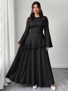 SHEIN Elenzya Women's Plus Size Ruffle Design Long Dress, Autumn/Winter Outdoor Dress - Black - View 1