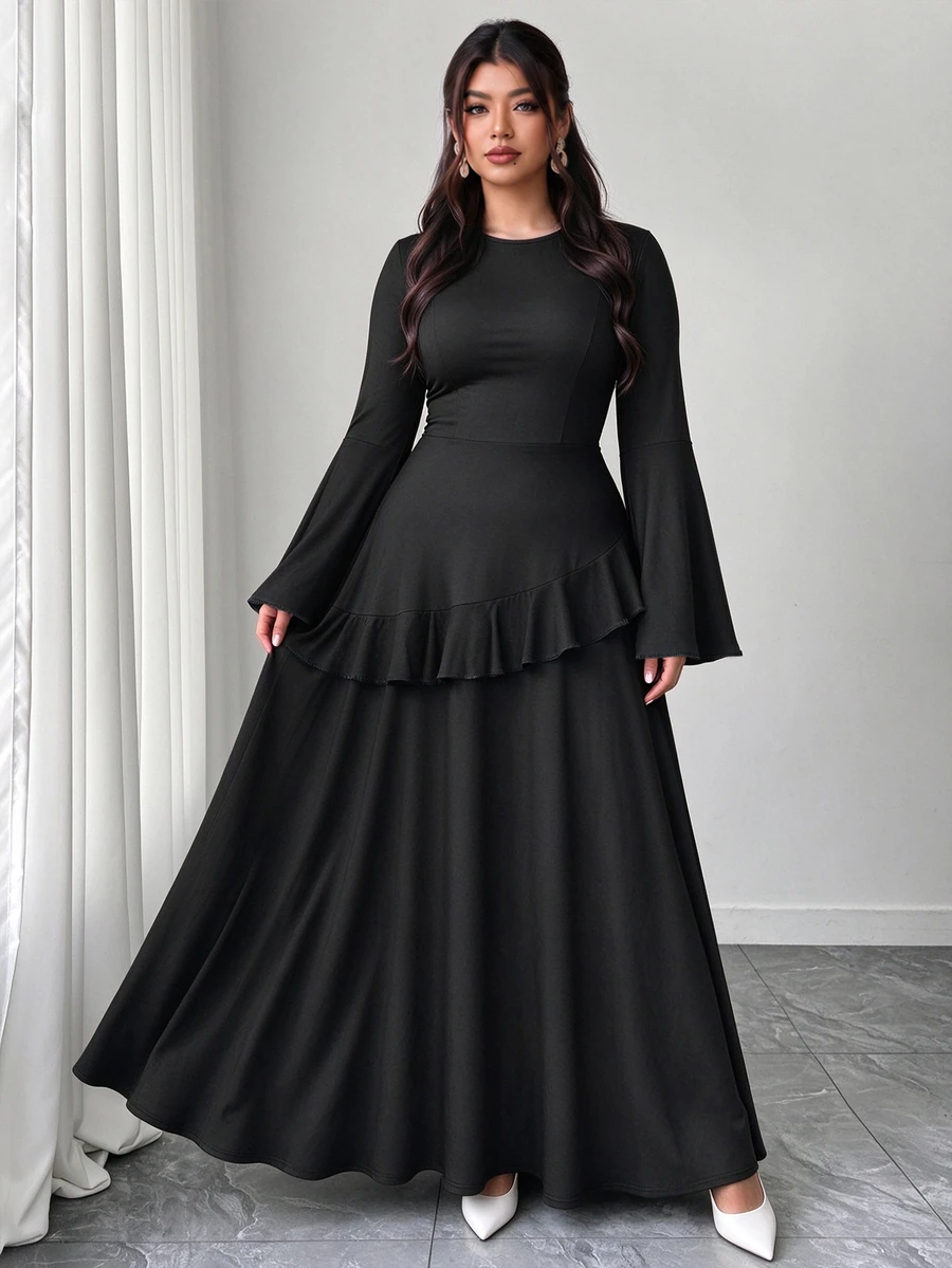 SHEIN Elenzya Women's Plus Size Ruffle Design Long Dress, Autumn/Winter Outdoor Dress - Black - View 1
