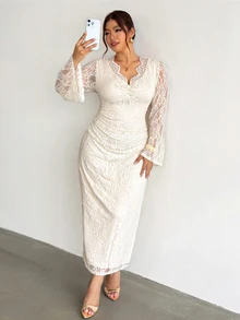Firerie Plus Size Women's Lace Patchwork Elegant Waist-Cinching Party Dress - Apricot - View 7