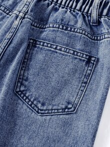 SHEIN 女童 90 年代復古淺色水洗寬鬆牛仔褲，街頭風高腰直筒寬腿廓形長褲 - 中等水洗藍 - 查看 4