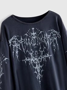 ROMWE Grunge Punk 復古龐克翅膀與隨機酸洗做舊磨損洗水 T-shirt - 藏蓝色 - 查看 3