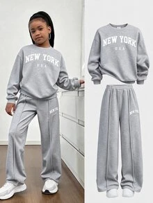 SHEIN Girlism 青少年女孩紐約字母印花衛衣與直筒長褲2件套，白色，秋季，休閒，校園，返校季，舒適秋冬套裝 - 灰色 - 查看 5