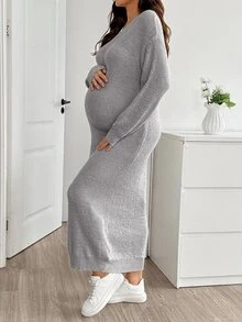 SHEIN Đầm len dệt kim bầu màu trơn phong cách thường ngày cho mùa đông - Xám - Xem 4