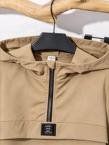 SHEIN 青少年男孩 2件套－拉鍊連帽外套與抽繩長褲，休閒運動風，適合秋冬兒童 - 卡其色 - 查看 4