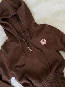 IslaSuriya Women's Floral Embroidered Pattern Casual Daily Wear Hooded Cardigan - Brown - View 3