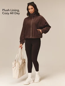 OutZeal Women Outdoor Fleece Gym Casual Stand Collar Relax Fit Zip Up Jacket Winter Fall - Coffee Brown - View 3