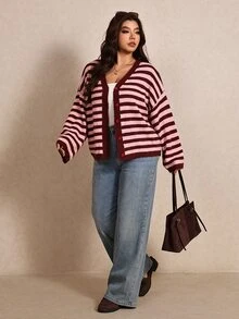 Elaquor Plus Size Women's Striped Drop Shoulder Long Sleeve Single-Breasted Casual Knit Cardigan - Pink - View 5