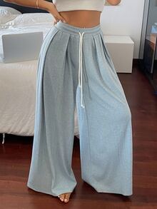 DAZY Women's Drawstring Waist Loose Pleated Loungewear Bottoms - Blue - View 6