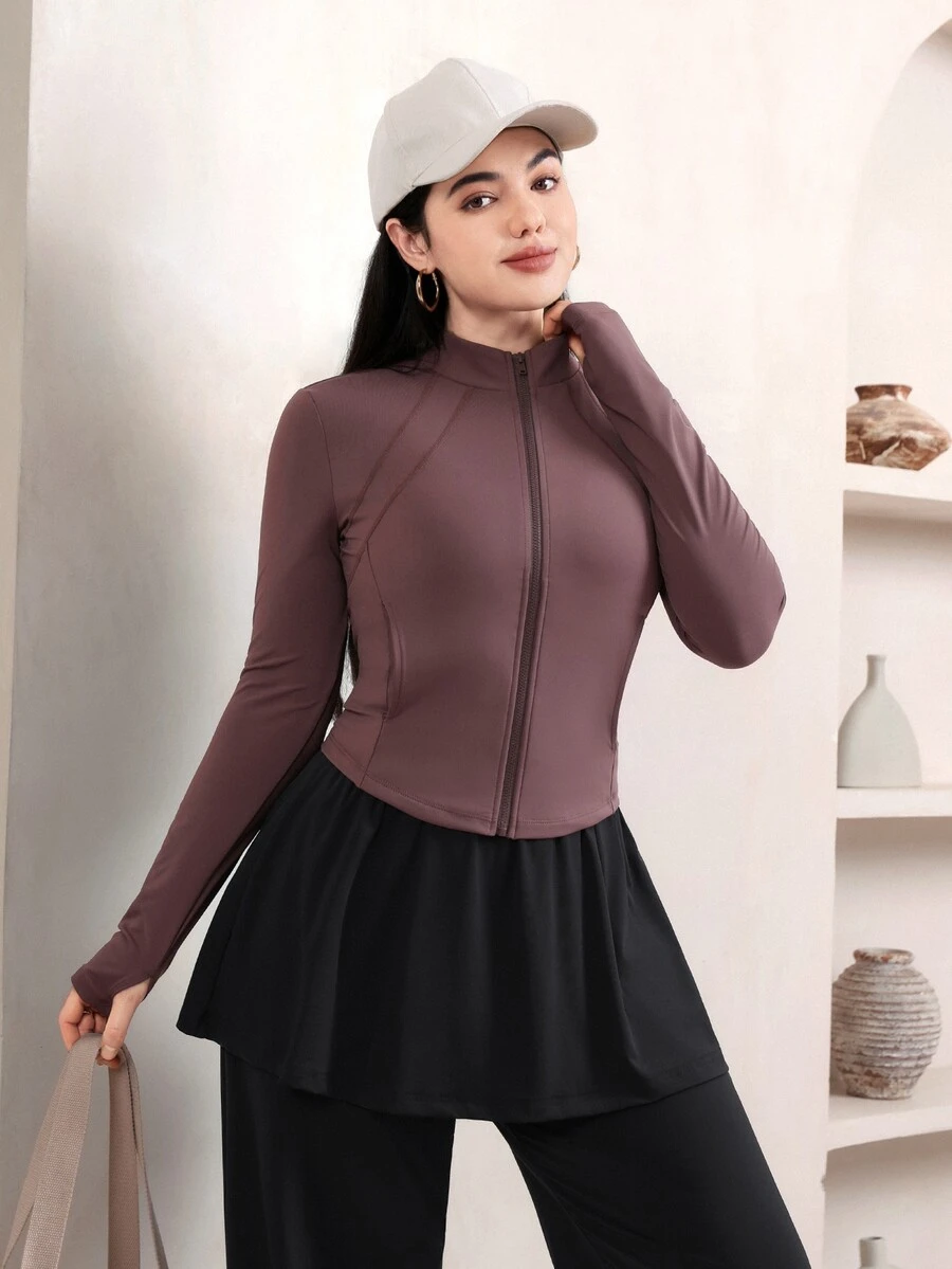 Veilorie Women's Solid Color Casual Daily Travel Sports Jacket - Brown - View 1