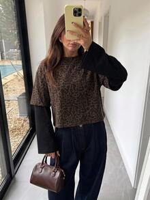 Aloruh Women's Round Neck Casual Leopard Print Pullover Fitted T-Shirt With Patchwork, Y2K Leopard Print T-Shirt - Multicolor - View 2