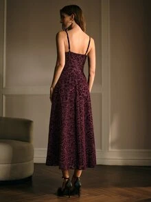 MOTF FRENCH ROMANTIC STYLE PREMIUM JACQUARD ELEGANT SPAGHETTI STRAP WOMEN'S DRESS - Red Violet - View 3