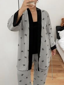 Napfluff CURVE Napfluff CURVE Grey Striped Bow Print Soft Bubble Crinkle Fabric Contrast Color Plus Size Women's Cami Pants And Robe Pajama 3 Pieces Set - Grey - View 4