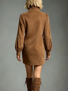 LUMIGAL Women's Solid Color Zipper Half-Placket Long Sleeve Casual Dress - Brown - View 2