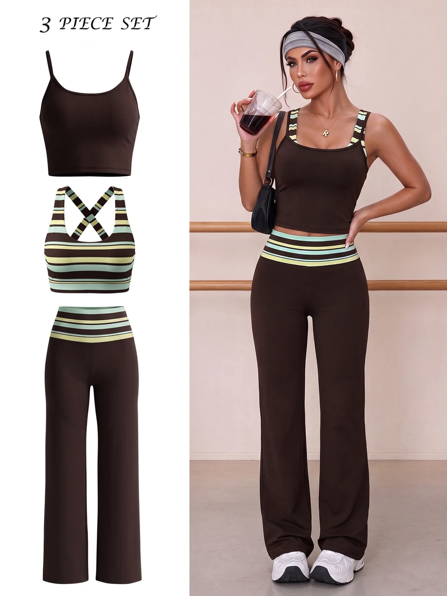 Eassivo Eassivo Brown Three Pieces Set, Halter Top + Striped Inner Vest + Folded Waist Slightly Flared Trousers, A Ho - Multicolor - View 1
