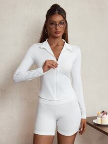 Sovereign Charm Women's Solid Color Long Sleeve Zip-Up Sports Jacket - White - View 6
