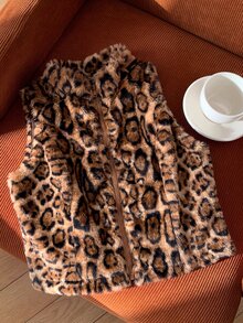 SHEIN EZwear 女款休閒復古老錢風 2000 年代初豹紋無袖毛茸茸短版夾克，米色，適合秋冬日常外出與辦公室穿著 - 咖啡棕 - 查看 6