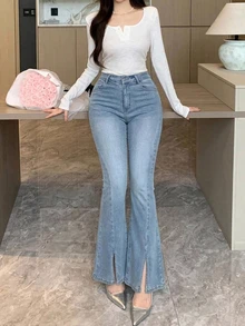 Dazy Plus Quần jeans skinny ống loe xẻ gấu co giãn mài rách phong cách vintage, thanh lịch đa năng, kiểu mới cho xuân/thu - Rửa nhẹ - Xem 5