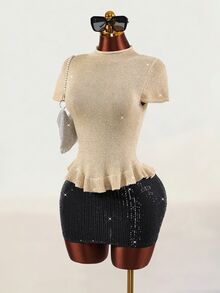 Mistrie Women's Knit Sweater, Shiny Gold Short Sleeve, Asymmetrical Ruffle Hem, Sexy Casual Y2K New Style, Autumn/Winter Short Knit Top - Gold - View 2