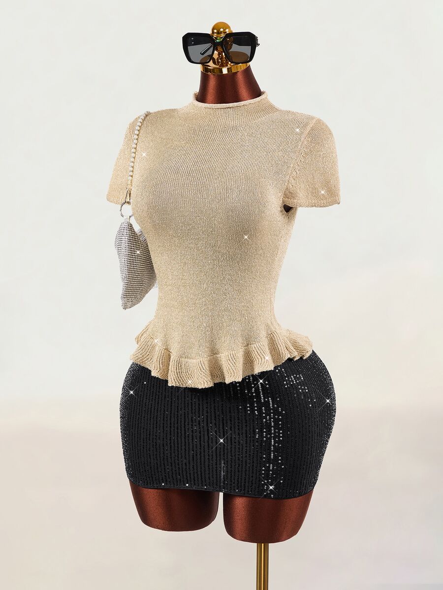 Mistrie Women's Knit Sweater, Shiny Gold Short Sleeve, Asymmetrical Ruffle Hem, Sexy Casual Y2K New Style, Autumn/Winter Short Knit Top