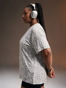 Powerista Women's Plus Size White & Grey Leopard Print Short Sleeve Sports T-Shirt - White - View 4