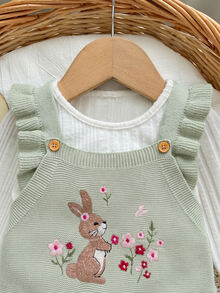 Cozy Pixies Baby Girls' Knitted Romper, Embroidered Rabbit & Floral Pattern, Long Autumn Winter Pants - Mint Green - View 3