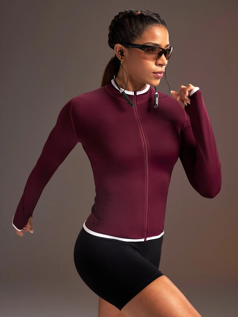 Powerista Women's Zipper Colorblock Long Sleeve Sports Jacket - Burgundy - View 1