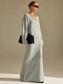CLARA VERO V Neck Oversize Knit Mermaid Skirt Set, Relaxed Fit, Fall Outings, Below Hip Sweater, Flared Skirt - Grey - View 6