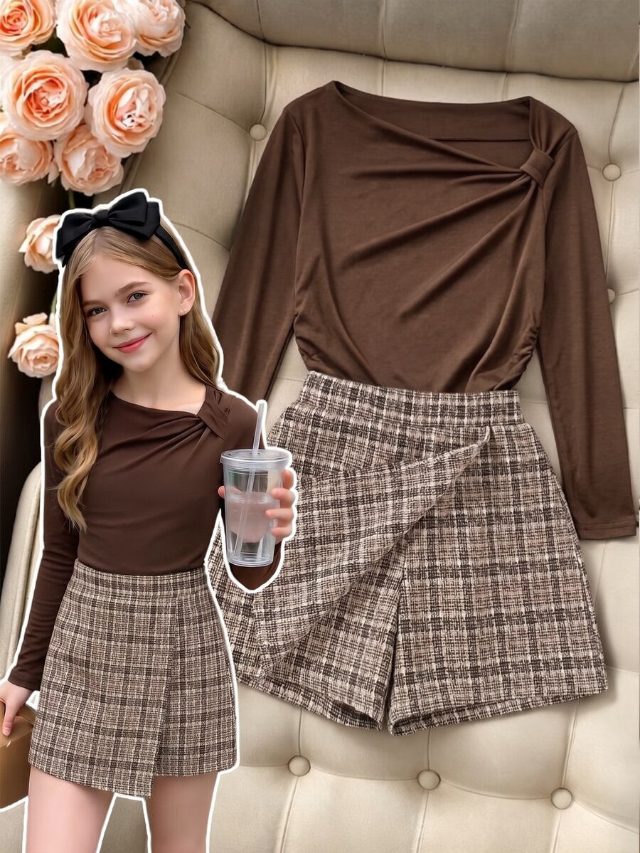 SHEIN Tween Girl Fall Outfits Fall Tops Fall Two Pieces Set Of Korean Soft Girl And Big Child Set: Open Shoulder Long Sleeved Top+Front Sli... - Brown - View 1