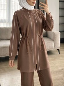 Solavon Women's Striped Colorblock Zip-Up Long Sleeve Sweatshirt And Solid Color Pants 2 Pieces Set - Brown - View 4