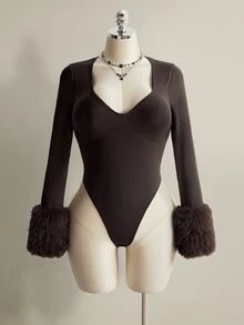 SHEIN ICON Women's Plus Size Brown Long Sleeve Jumpsuit And Faux Fur Skirt Fashion Set Winter - Brown - View 3