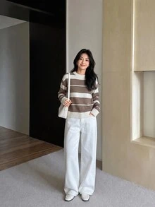 Yumoku Women's Striped Crew Neck Drop Shoulder Long Sleeve Casual Sweater - Grey - View 3