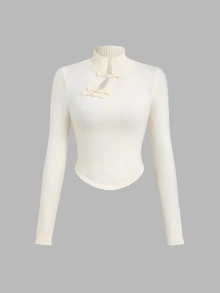 Sweetra Women's Casual Versatile Fitted New Chinese Style Frog Button Pullover Sweater For Daily Commute, Autumn/Winter - Apricot - View 1