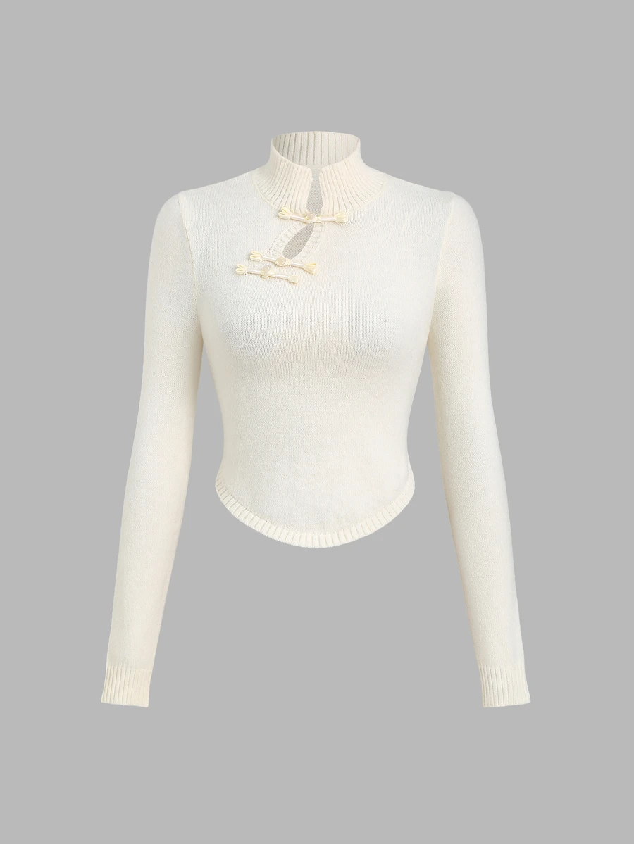 Sweetra Women's Casual Versatile Fitted New Chinese Style Frog Button Pullover Sweater For Daily Commute, Autumn/Winter - Apricot - View 1
