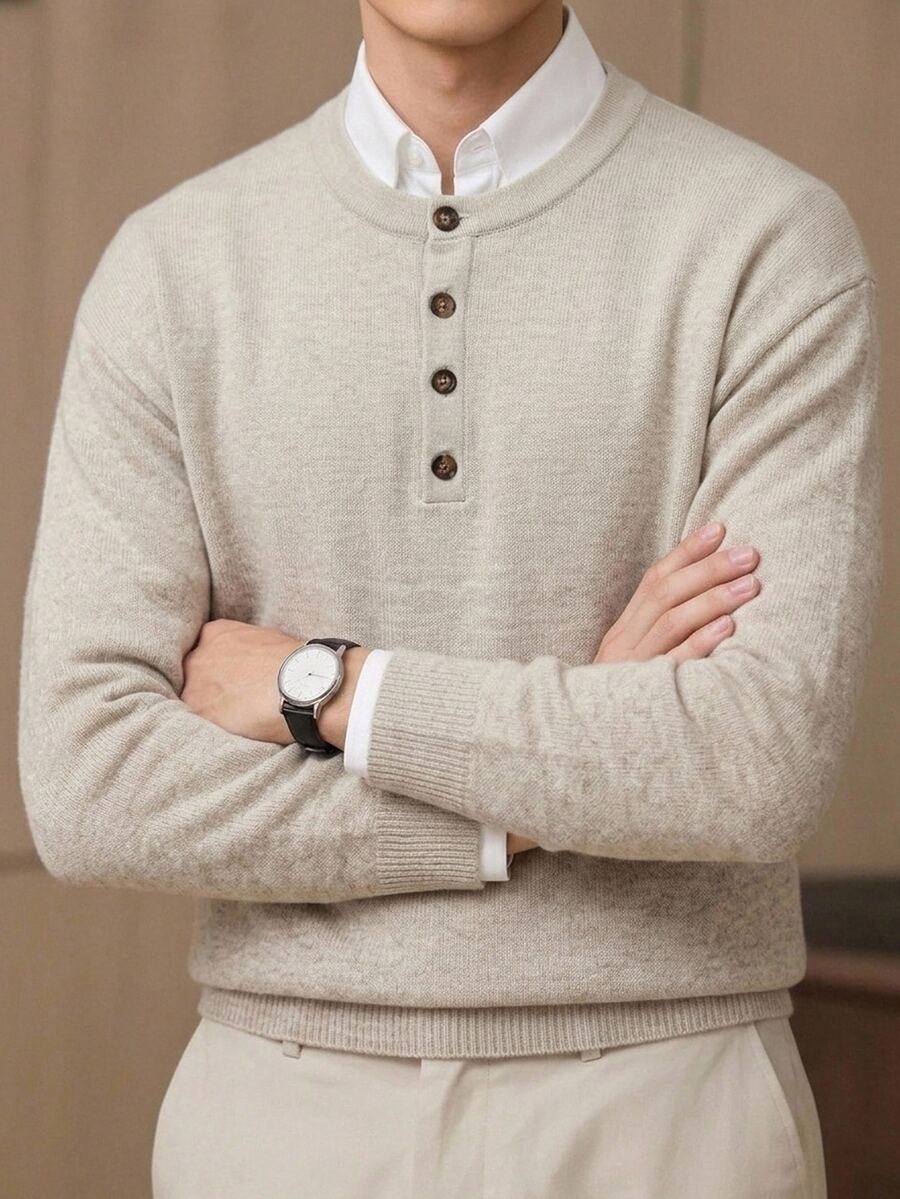 Manfinity Homme 男士純色半開襟鈕扣長袖休閒毛衣 - 杏色 - 查看 1