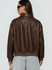 Avenya Minimalist Style Lapel Split Zipper Slightly Loose Textured Leather Jacket - Brown - View 2