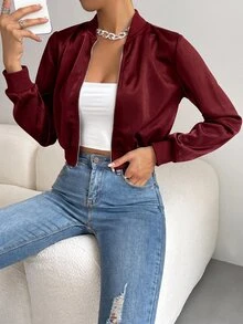 SHEIN EZwear 女款黑色拉鍊短版飛行夾克，秋季休閒街頭風日常輕便純色女式春秋常規版棒球領夾克 - 酒紅色 - 查看 4